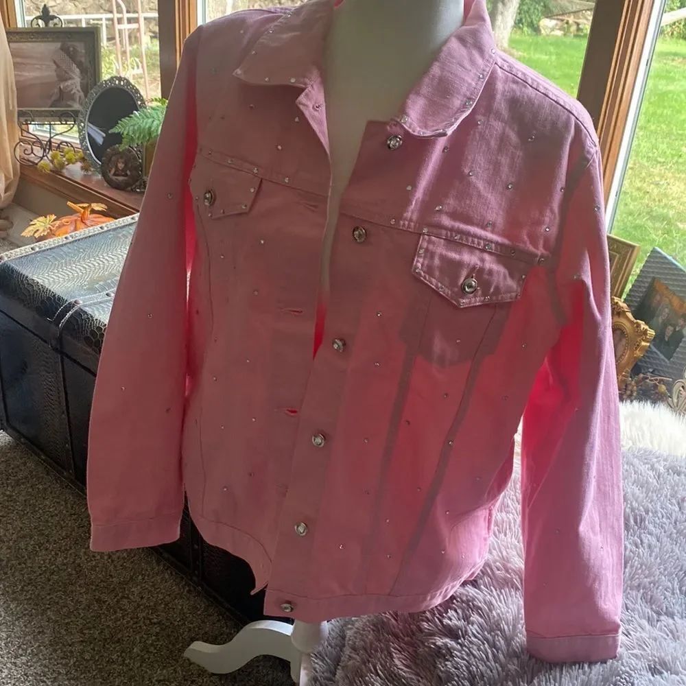 Quacker Factory Pink Denim Studded Rhinestone Jacket Coat Medium NEW